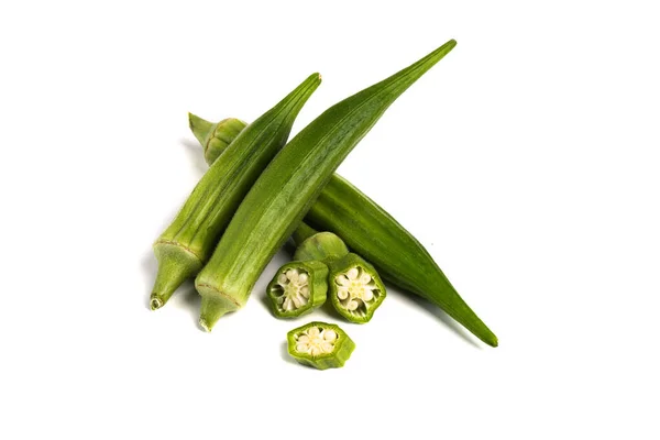 Green Fresh Okra Whole Pods Pieces White Background — Stock Photo, Image