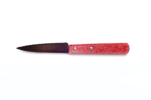 Altes Küchenmesser Mit Rotem Holzgriff Isoliert Auf Weißem Hintergrund — Stockfoto