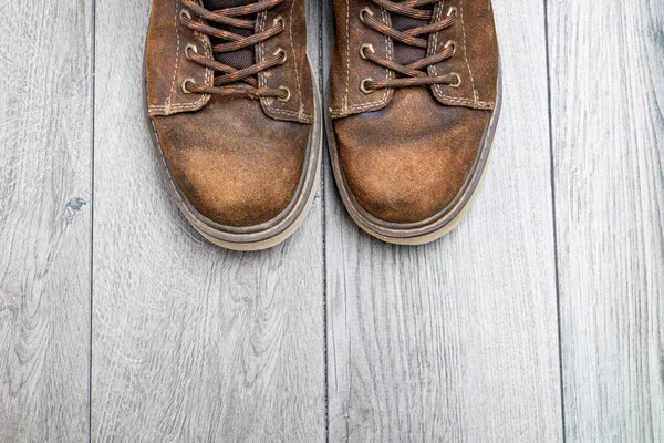 Zapatos Marrones Anciano Vista Desde Arriba Espacio Para Texto — Foto de Stock