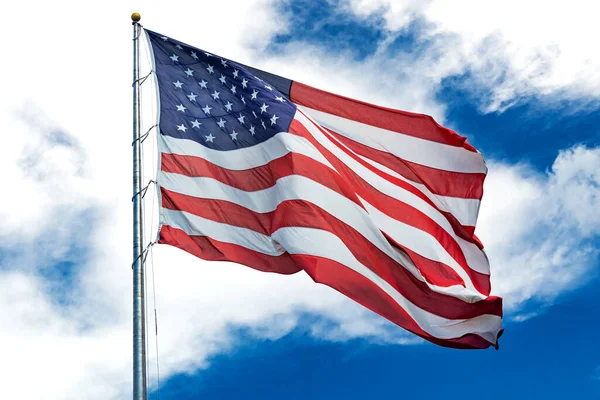 Large American Flag Waving Wind Cloudy Blue Sky Low Angle — Stock Photo, Image