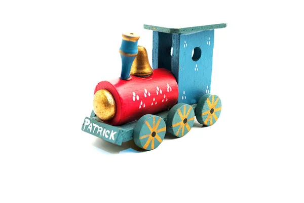 Kinderspeelgoed Een Houten Locomotief Met Inscriptie Patrick Een Witte Achtergrond — Stockfoto