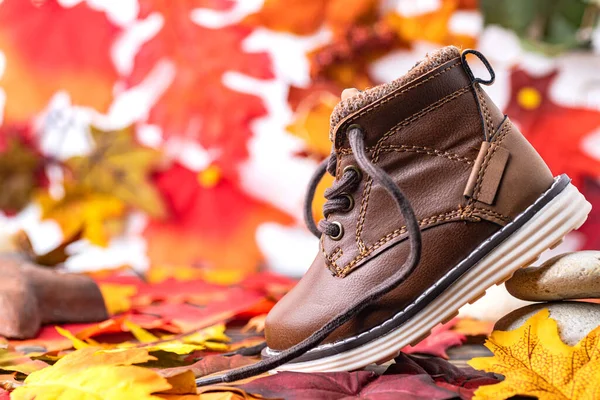 children's autumn shoes with bright autumn leaves. The concept of children's clothing for winter and autumn. Space for text.
