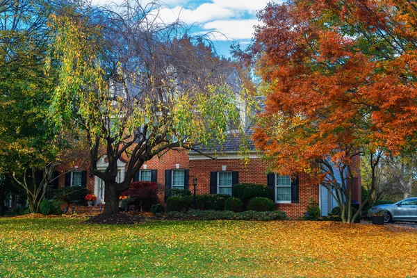 Big Suburban brick House among autumn trees. Large manicured lawn and landscaping.