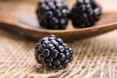 Blackberry close-up on the background of a wooden spoon  with blackberries. Selective focus.