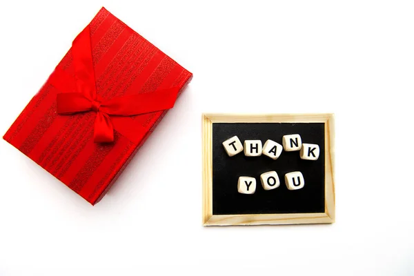 Top View Wooden Cubes Thank You Inscription Blackboard Gift Box — Stock Fotó