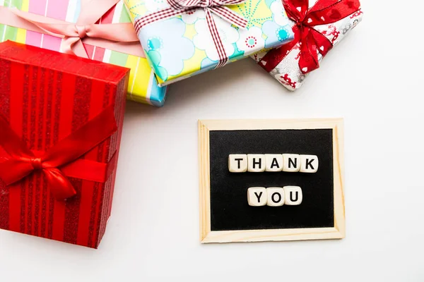 Gifts Colorful Boxes Ribbons Inscription Thank You Cubes View — Stock Fotó