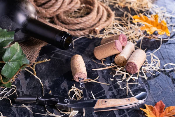 Samellier Knife Cork Lies Table Next Dusty Bottle Wine Cellar — Stock fotografie