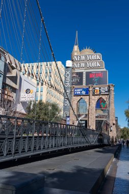 replica of the iconic Brooklyn Bridge in front of the New York New York  Hotel and Casino on the Strip in Las Vegas, Nevada.