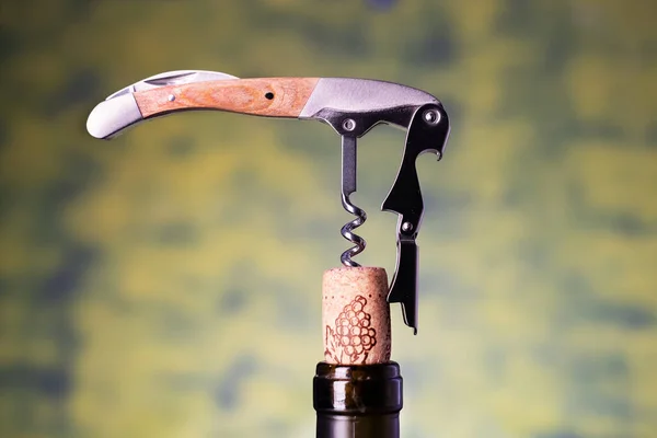 Sommelier Knife Pulls Out Cork Bottle Wine Blurred Background Space — Stock fotografie