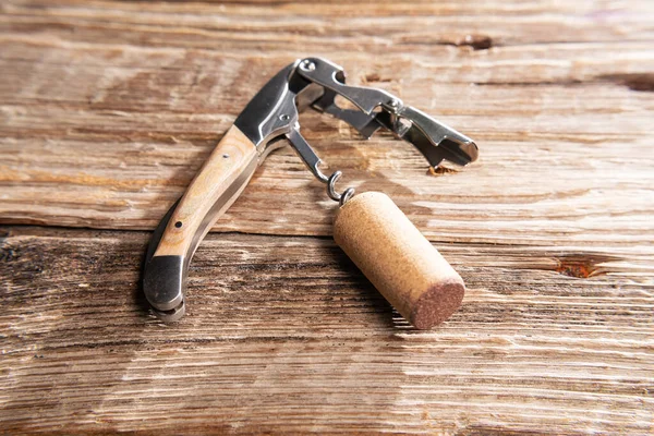 Sommelier Knife Wine Stopper Old Wooden Table Space Text — Stock fotografie