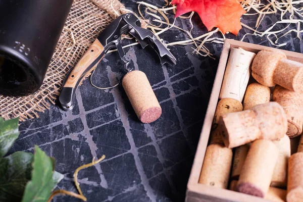 Sommelier Knife Wine Cork Close Old Table Used Corks Nearby — Stock fotografie