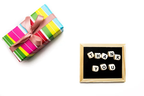 Top View Wooden Cubes Thank You Inscription Blackboard Gift Box — Stock Fotó