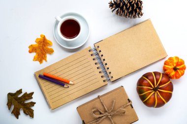 Sonbahar kompozisyonu: Düşen yapraklar ve bir not defteri. Metin için boşluk. Yukarıdan bak. Kopyalama alanı olan düz.