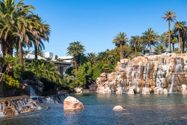 Palmiye ağaçları, şelale ve gölet bulutsuz mavi gökyüzünün altındaki egzotik ada..