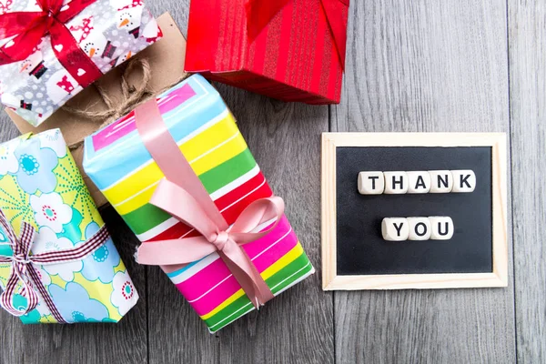 Gifts Colorful Boxes Ribbons Inscription Thank You Cubes View — Stock Fotó