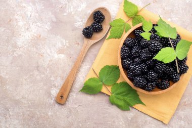 Tahta tabak ve kaşıkla taze böğürtlen. Yukarıdan bak. Metin için boşluk.