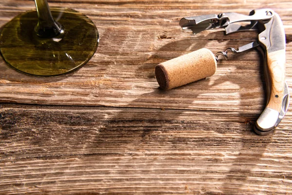 Corkscrew Cork Wine Bottle Close Next Glass Wine Space Text — Stock fotografie