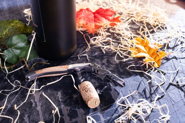 Corkscrew Cork Bottle Wine Old Black Table Cellar — стоковое фото