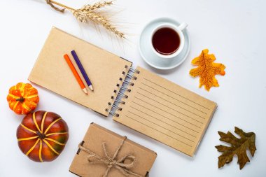 Sonbahar kompozisyonu: Düşen yapraklar ve bir not defteri. Metin için boşluk. Yukarıdan bak. Kopyalama alanı olan düz.