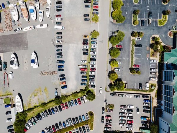 stock image View of the parking for cars and yachts near the bay with the marina, View from above.