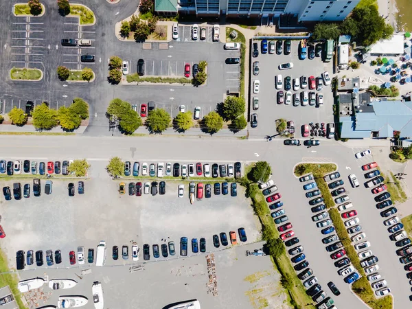 stock image View of the parking for cars and yachts near the bay with the marina, View from above.