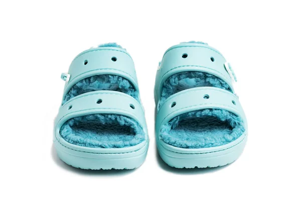 Närbild Blå Crocs Sandaler Isolerad Vit Bakgrund — Stockfoto