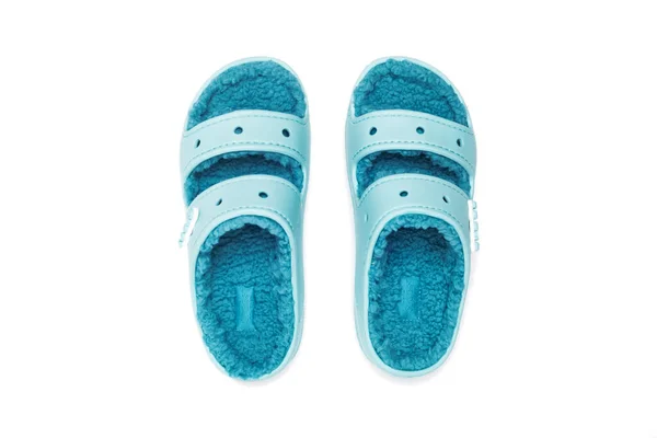 Närbild Blå Crocs Sandaler Isolerad Vit Bakgrund Utsikt Ovanifrån — Stockfoto