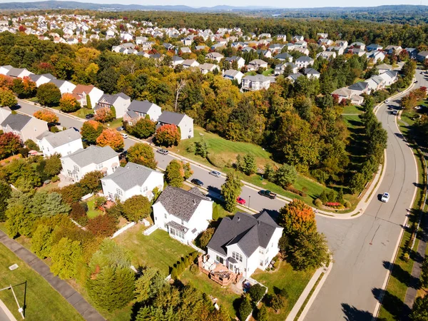 Panoramic Aerial View Cluster Houses Road Taken Drone Golden Hour — Stock Photo, Image