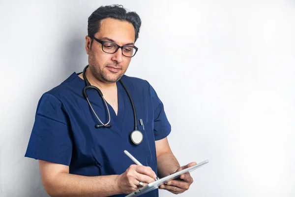 Doctor Glasses Stethoscope Writes Data Tablet Computer Space Text — Stock Photo, Image