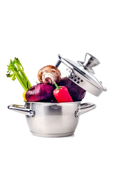 Stainless Steel Saucepan Vegetables Levitating Glass Lid White Background Close — Stock Photo, Image