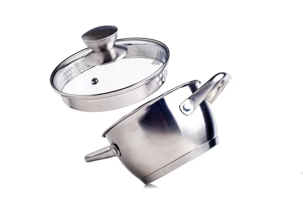Stainless Steel Saucepan Levitating Glass Lid White Background Close — Stock Photo, Image
