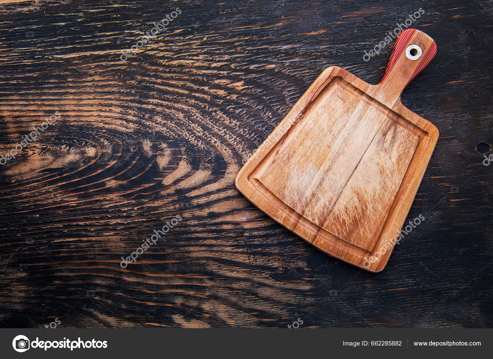 Old Cutting Board Dark Wooden Table View Copy Space Stock Photo by