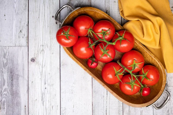 Fresh Tomatoes Wooden Bowl Wooden Table Top View Space Text — Stock Photo, Image