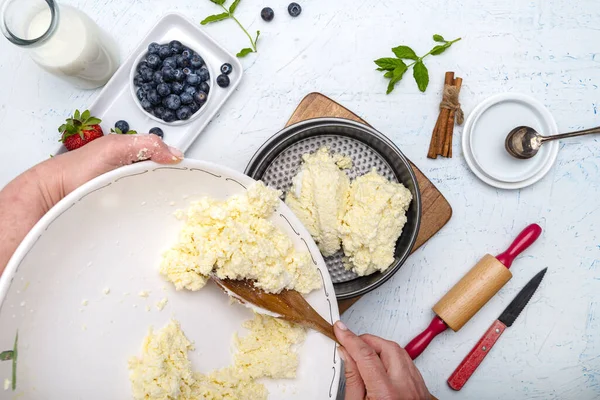 Chef Puts Cottage Cheese Casserole Baking Dish Flour Eggs Rolling — Stock Photo, Image