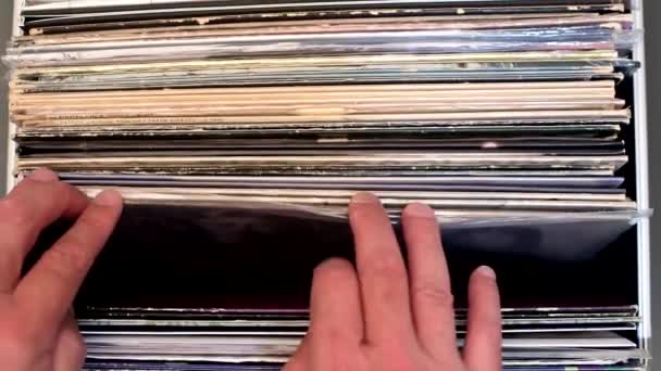 在一家音乐商店里 男性音乐爱好者翻阅着一堆乙烯唱片 后续行动 — 图库视频影像