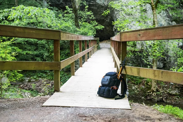 Holzbrücke Über Einen Bach Grünen Sommerwald Und Ein Rucksack Mit — Stockfoto