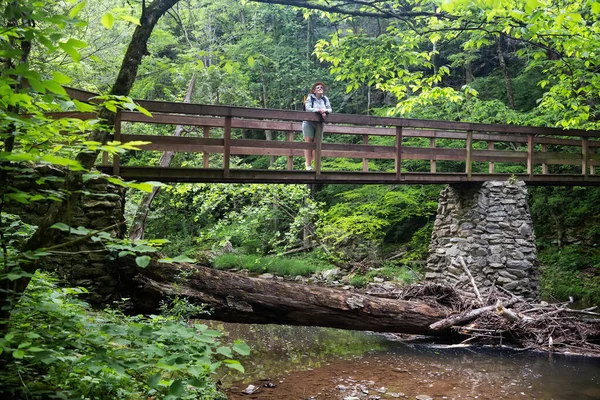 Touristin Mit Hut Und Rucksack Steht Auf Einer Holzbrücke Über — Stockfoto