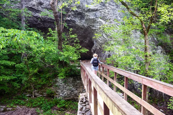 背着背包的旅行者沿着森林中的一座木桥走着 — 图库照片