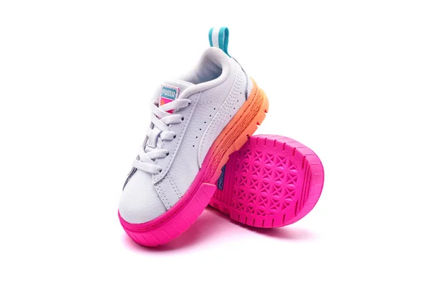 Children Sneakers Puma White Background Bright Sports Walking Shoes Girls — Stock Photo, Image