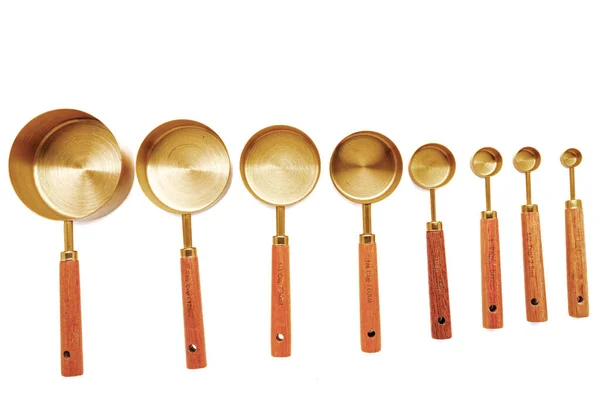 Copper Measuring Cups Spoons Wooden Handle Sets Different Sizes White — Stock Photo, Image