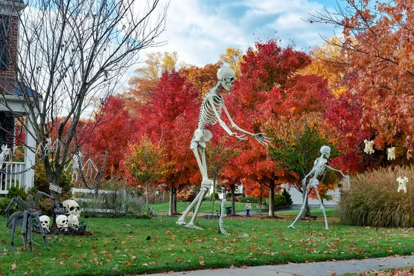 Skelette Und Totenköpfe Sind Amerika Traditionelle Attribute Von Halloween Frontdekoration — Stockfoto