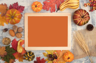 Şükran Günü kompozisyonu ve mektup tahtası. Mutlu Şükran Günleri. Sonbahar balkabakları, meşe palamutları ve yapraklar. Düz yatıyordu. tepeden görünüm