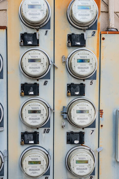 group of electric meters in an apartment building. Close-up.