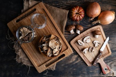 Kurutulmuş organik mantar, soğan ve çuval bezi. Sonbahar yemeği. Üst görünüm.