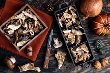 Tahta bir masada çeşitli kurutulmuş mantarlar. Yukarıdan görüntüle.