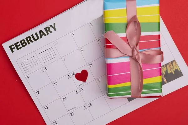 February 14 is marked on the Calendar. Valentine\'s Day is marked on the calendar with a red heart.