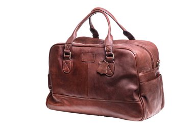 Modern geniş deri çanta, yakın çekim için. Beyaz bir arkaplanda.