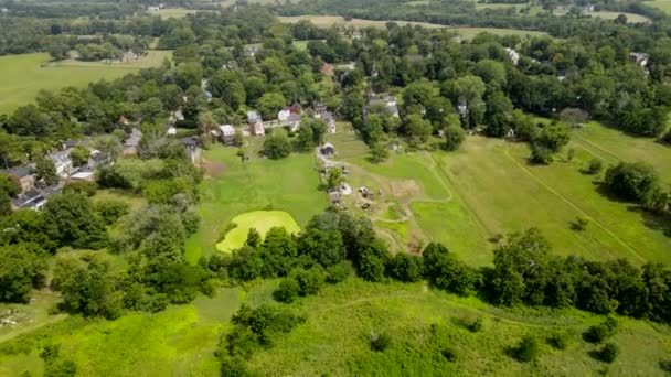 バージニア州ウォーターフォードの歴史的村 空中ドローン フッテージ 緑の木の間の古い家 — ストック動画