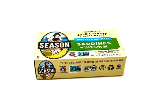 Tin Can Season Sardines Olive Oil White Background — Stock Photo, Image