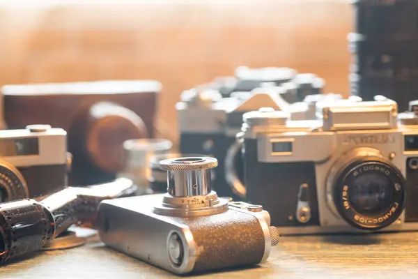 Collection Vintage Cameras Displayed Wooden Shelf Selective Focus Royalty Free Stock Images